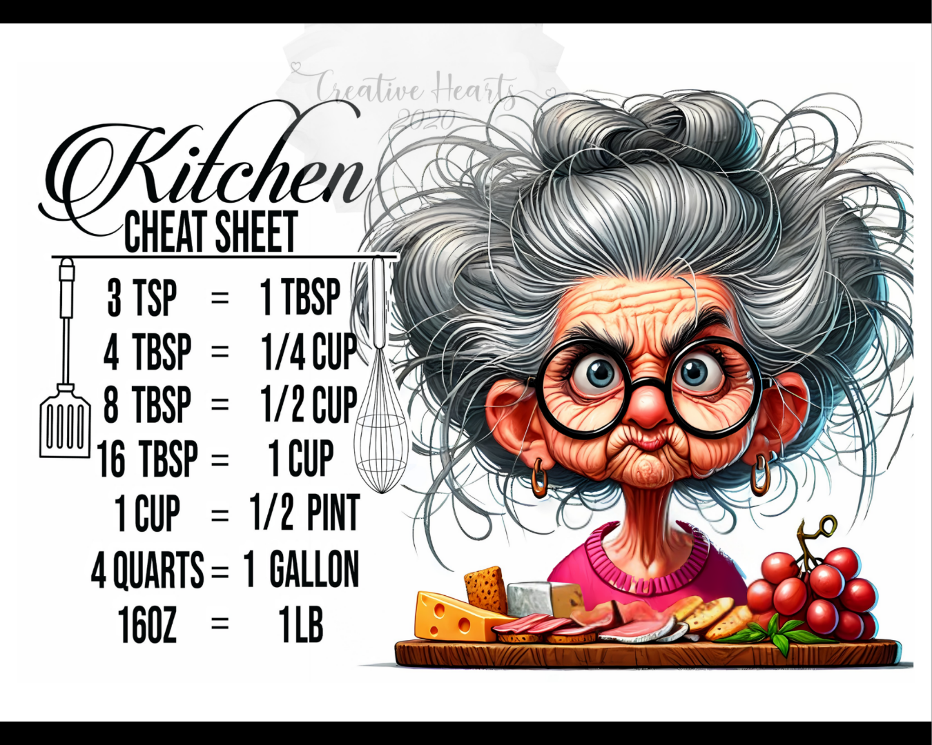 Glass Cutting Board — Funny Kitchen Cheat Sheet with Grandma Conversion Guide