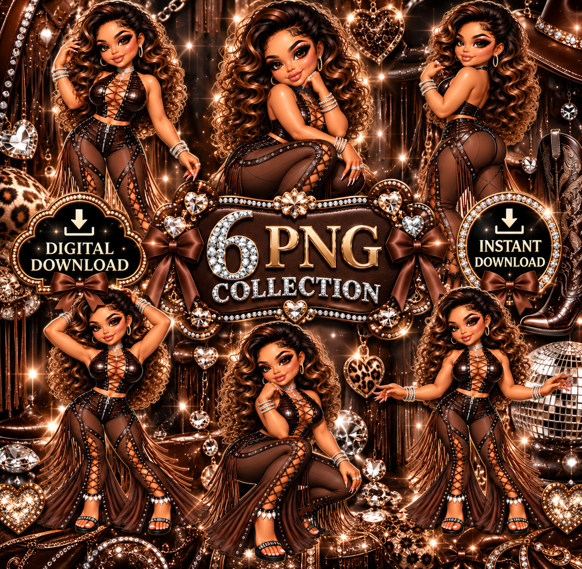 Chocolate Western Glam Cowgirl – 6 PNG Digital Download Collection